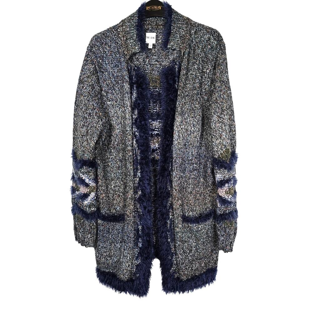 Nic+Zoe Cardigan Duster Women's L Gray Blue Eyelash Metallic Cozy Casual Winter